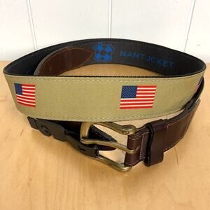 Castaway Nantucket Men's Patriotic Flag Tan and Leather Belt‎ Size 42